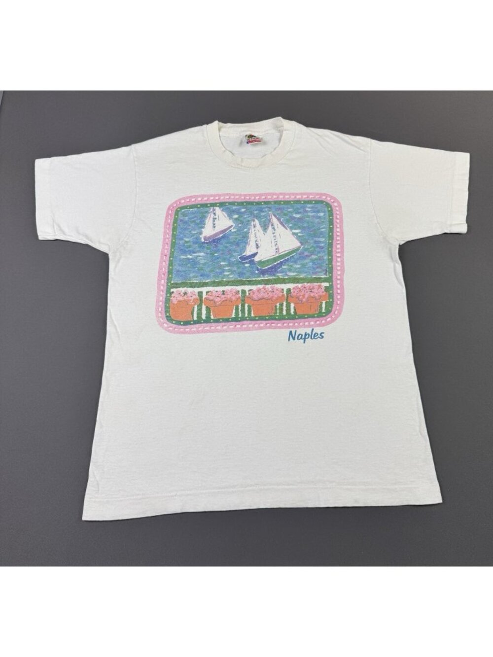 Rare Vintage 90s Naples Italy Art Painting Flower Boat Yacht Color FOTL Medium T